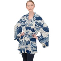 Japanese Wave Pattern Long Sleeve Velvet Kimono 