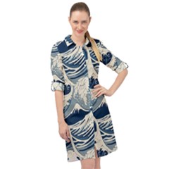 Japanese Wave Pattern Long Sleeve Mini Shirt Dress