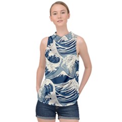 Japanese Wave Pattern High Neck Satin Top