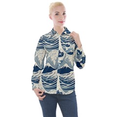 Japanese Wave Pattern Women s Long Sleeve Pocket Shirt