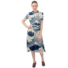 Japanese Wave Pattern Keyhole Neckline Chiffon Dress
