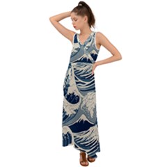 Japanese Wave Pattern V-neck Chiffon Maxi Dress by Wav3s