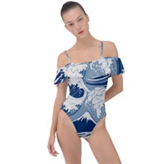 Japanese Wave Pattern Frill Detail One Piece Swimsuit