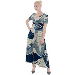 Japanese Wave Pattern Button Up Short Sleeve Maxi Dress