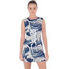 Japanese Wave Pattern Lace Up Front Bodycon Dress
