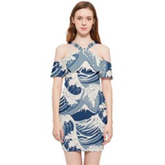 Japanese Wave Pattern Shoulder Frill Bodycon Summer Dress