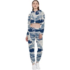 Japanese Wave Pattern Cropped Zip Up Lounge Set