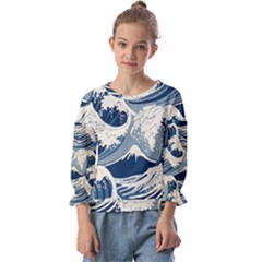 Japanese Wave Pattern Kids  Cuff Sleeve Top