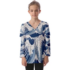 Japanese Wave Pattern Kids  V Neck Casual Top