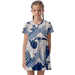 Japanese Wave Pattern Kids  Asymmetric Collar Dress