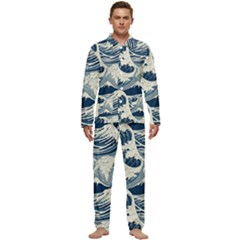 Japanese Wave Pattern Men s Long Sleeve Velvet Pocket Pajamas Set