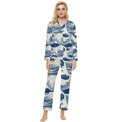 Japanese Wave Pattern Womens  Long Sleeve Velvet Pocket Pajamas Set