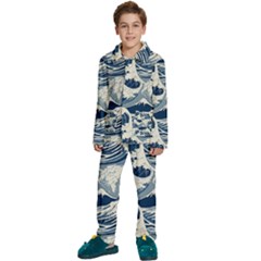 Japanese Wave Pattern Kids  Long Sleeve Velvet Pajamas Set