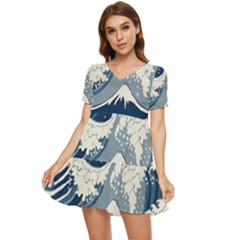 Japanese Wave Pattern Tiered Short Sleeve Babydoll Dress