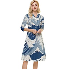 Japanese Wave Pattern Classy Knee Length Dress