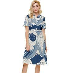Japanese Wave Pattern Button Top Knee Length Dress by Wav3s