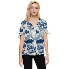 Japanese Wave Pattern Bow Sleeve Button Up Top