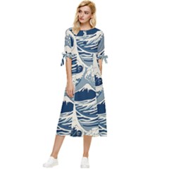 Japanese Wave Pattern Bow Sleeve Chiffon Midi Dress