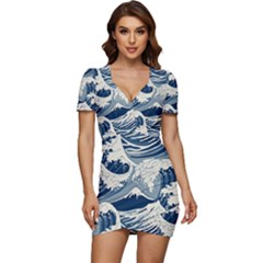 Japanese Wave Pattern Low Cut Cap Sleeve Mini Dress