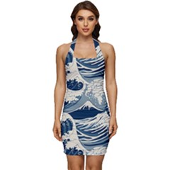 Japanese Wave Pattern Sleeveless Wide Square Neckline Ruched Bodycon Dress