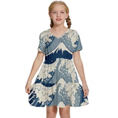 Japanese Wave Pattern Kids  Short Sleeve Tiered Mini Dress