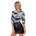 Japanese Wave Pattern Mid Sleeve Drawstring Hem Top View2