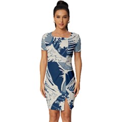 Japanese Wave Pattern Fitted Knot Split End Bodycon Dress