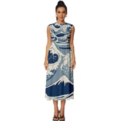 Japanese Wave Pattern Sleeveless Round Neck Midi Dress