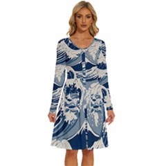 Japanese Wave Pattern Long Sleeve Dress With Pocket