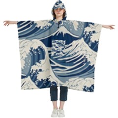 Japanese Wave Pattern Women s Hooded Rain Ponchos