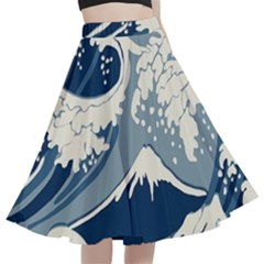 Japanese Wave Pattern A-Line Full Circle Midi Skirt With Pocket
