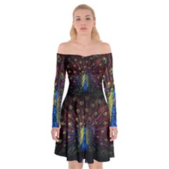 Peacock Feathers Off Shoulder Skater Dress by Wav3s