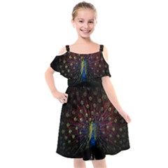 Peacock Feathers Kids  Cut Out Shoulders Chiffon Dress