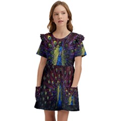 Peacock Feathers Kids  Frilly Sleeves Pocket Dress