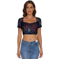 Peacock Feathers Short Sleeve Square Neckline Crop Top  by Wav3s