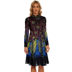 Peacock Feathers Long Sleeve Shirt Collar A-line Dress by Wav3s