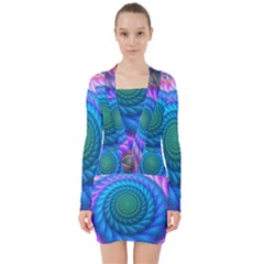 Peacock Feather Fractal V-neck Bodycon Long Sleeve Dress by Wav3s