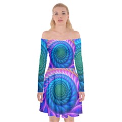 Peacock Feather Fractal Off Shoulder Skater Dress by Wav3s