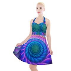 Peacock Feather Fractal Halter Party Swing Dress  by Wav3s