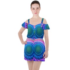 Peacock Feather Fractal Ruffle Cut Out Chiffon Playsuit by Wav3s