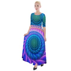 Peacock Feather Fractal Half Sleeves Maxi Dress by Wav3s