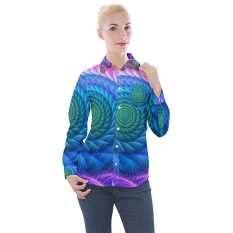 Peacock Feather Fractal Women s Long Sleeve Pocket Shirt by Wav3s