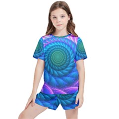 Peacock Feather Fractal Kids  Tee And Sports Shorts Set by Wav3s