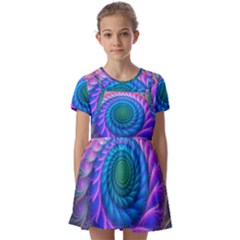 Peacock Feather Fractal Kids  Short Sleeve Pinafore Style Dress by Wav3s