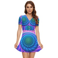 Peacock Feather Fractal V-neck High Waist Chiffon Mini Dress by Wav3s