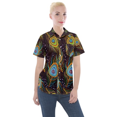 Pattern Feather Peacock Women s Short Sleeve Pocket Shirt by Wav3s