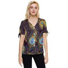 Pattern Feather Peacock Bow Sleeve Button Up Top by Wav3s