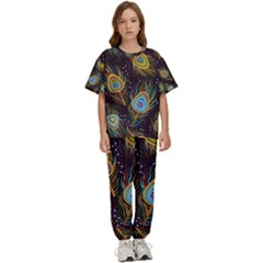 Pattern Feather Peacock Kids  Tee And Pants Sports Set by Wav3s