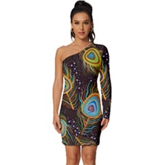 Pattern Feather Peacock Long Sleeve One Shoulder Mini Dress by Wav3s