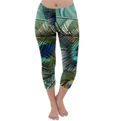 Peacock Feathers Blue Green Texture Capri Winter Leggings 